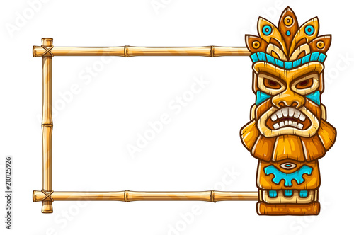 Tiki traditional hawaiian tribal mask with human face on bamboo