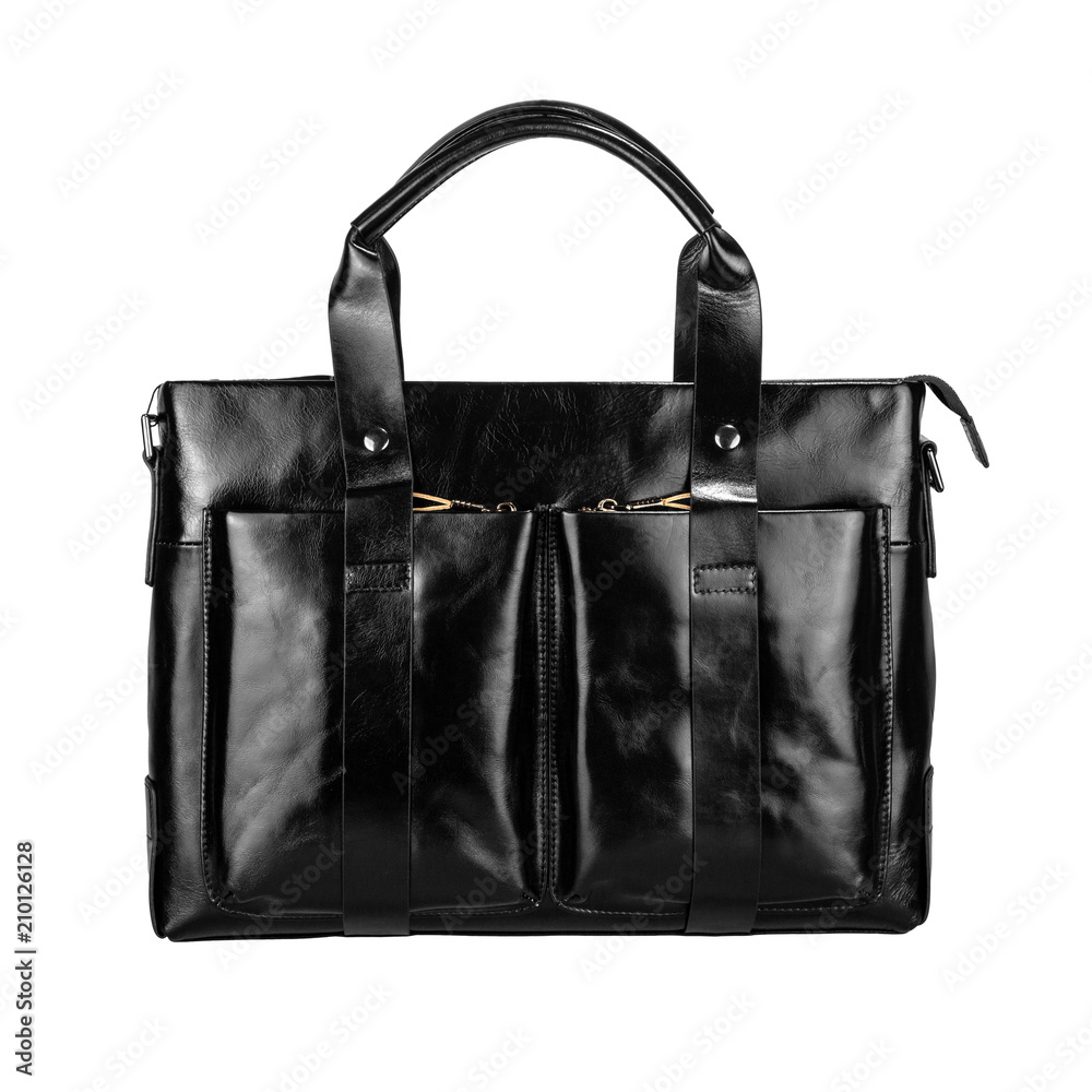 Leather bag with zipper. Front view, isolated on white Leather bag with zipper. Front view, isolated on white
