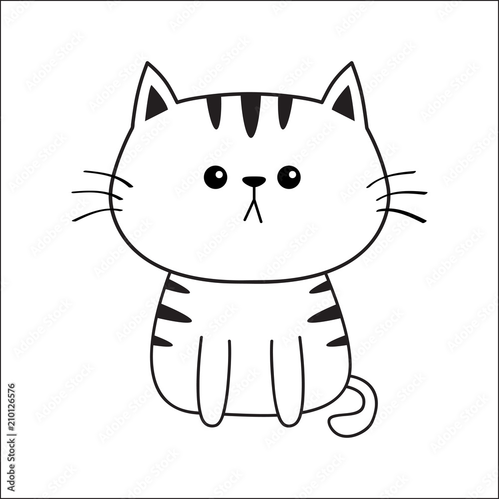 Obraz premium Linear cat sad head face silhouette. Contour line. Cute cartoon sitting kitty character. Kawaii animal. Funny baby kitten. Love Greeting card. Flat design. White background Isolated.