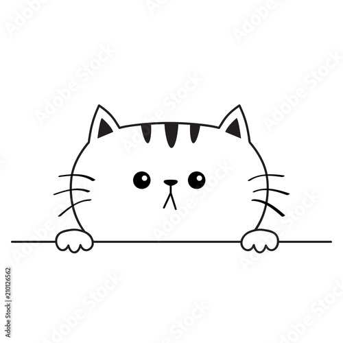 Cat sad head face icon. Hands paw holding table line. Contour silhouette . Cute cartoon kitty character. Kawaii animal. Funny baby kitten. Love card. Flat design. White background Isolated.