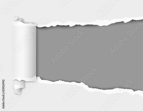 Torn hole in sheet of white paper with gray background of resulting window for text, ad or other aims. Vector template paper design.