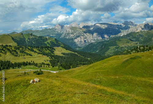 Italian Alps and farmland to he Dolomites in Italy.