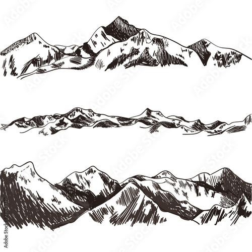 Vector Collection of Sketched Mountains and Hills, Hand Drawn Illustrations.