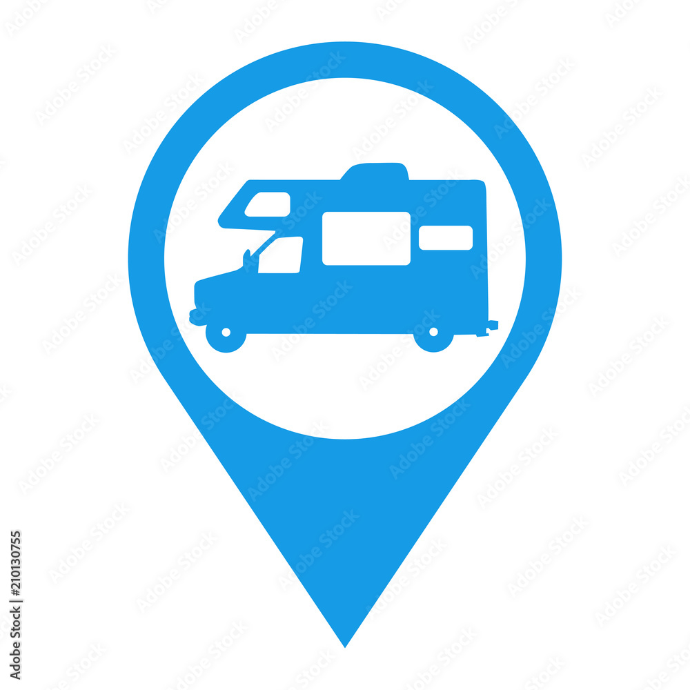 Icono plano localizacion autocaravana azul