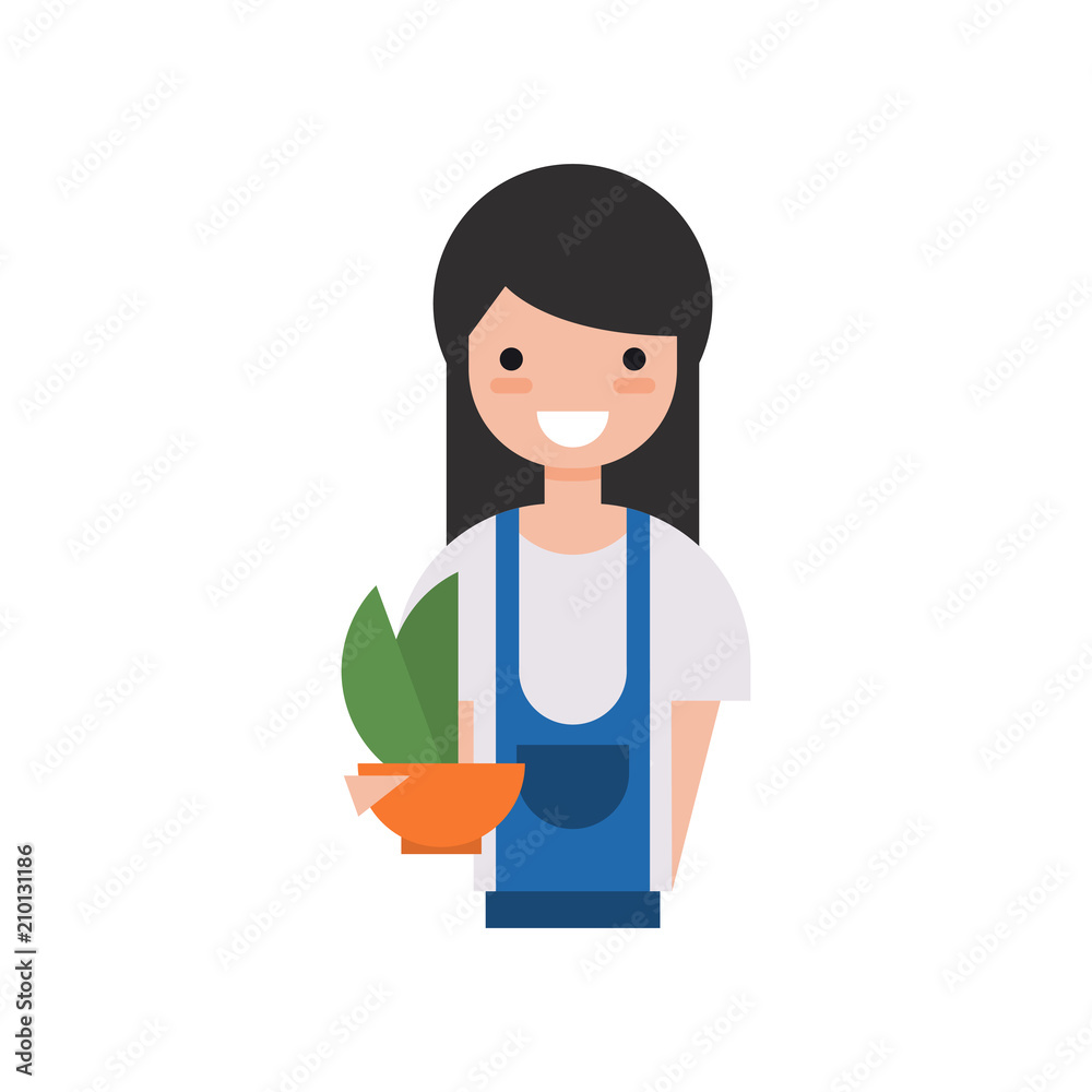 Girl gardener character, young woman holding flower pot vector Illustration on a white background