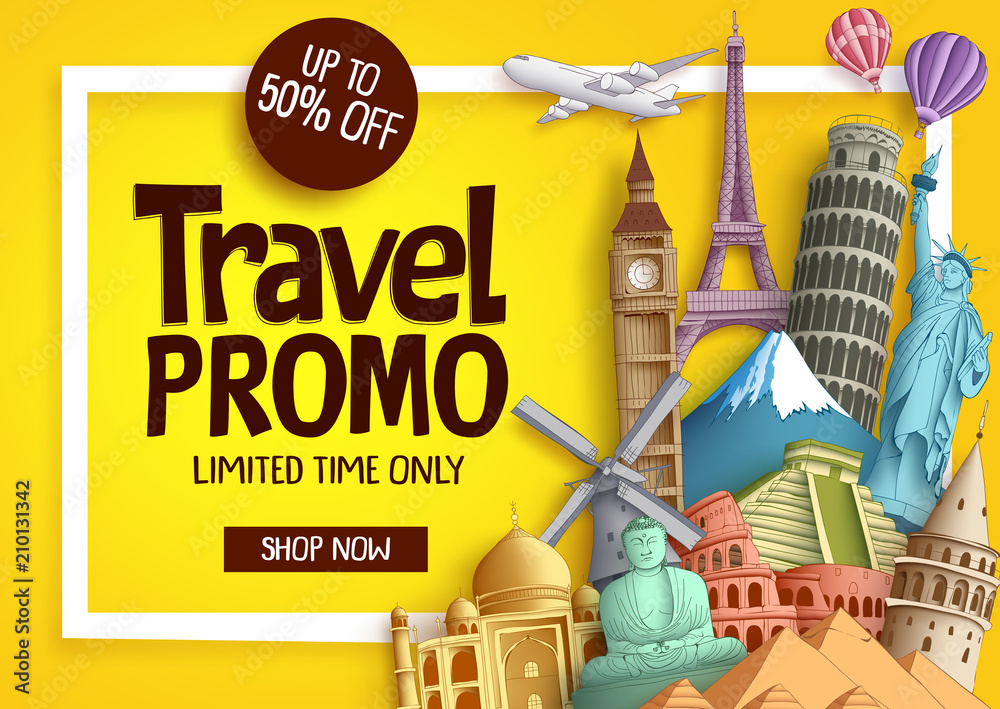 Travel promo vector banner template with discount text and famous tourist landmarks elements in a frame for travel and tour promotion. Vector illustration.
 - obrazy, fototapety, plakaty 