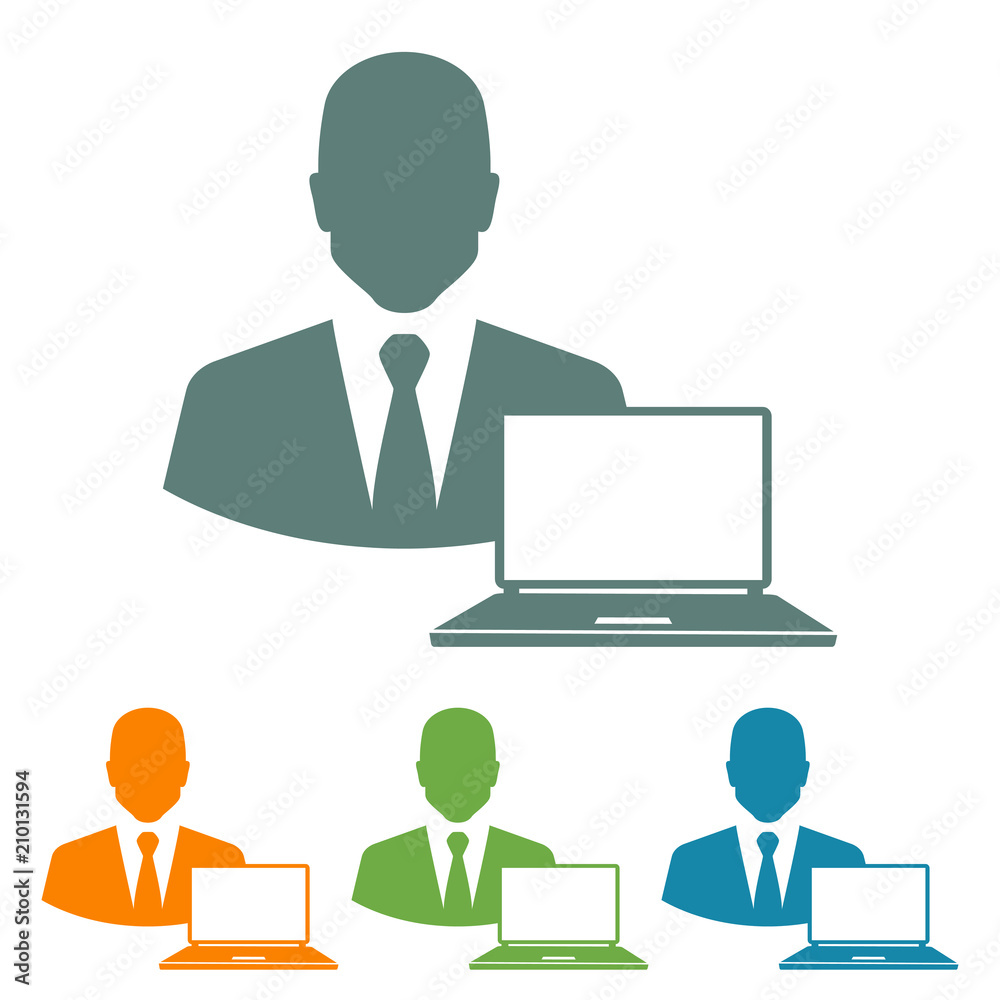 Icono plano hombre de negocios con ordenador en varios colores Icono plano hombre de negocios con ordenador en varios colores