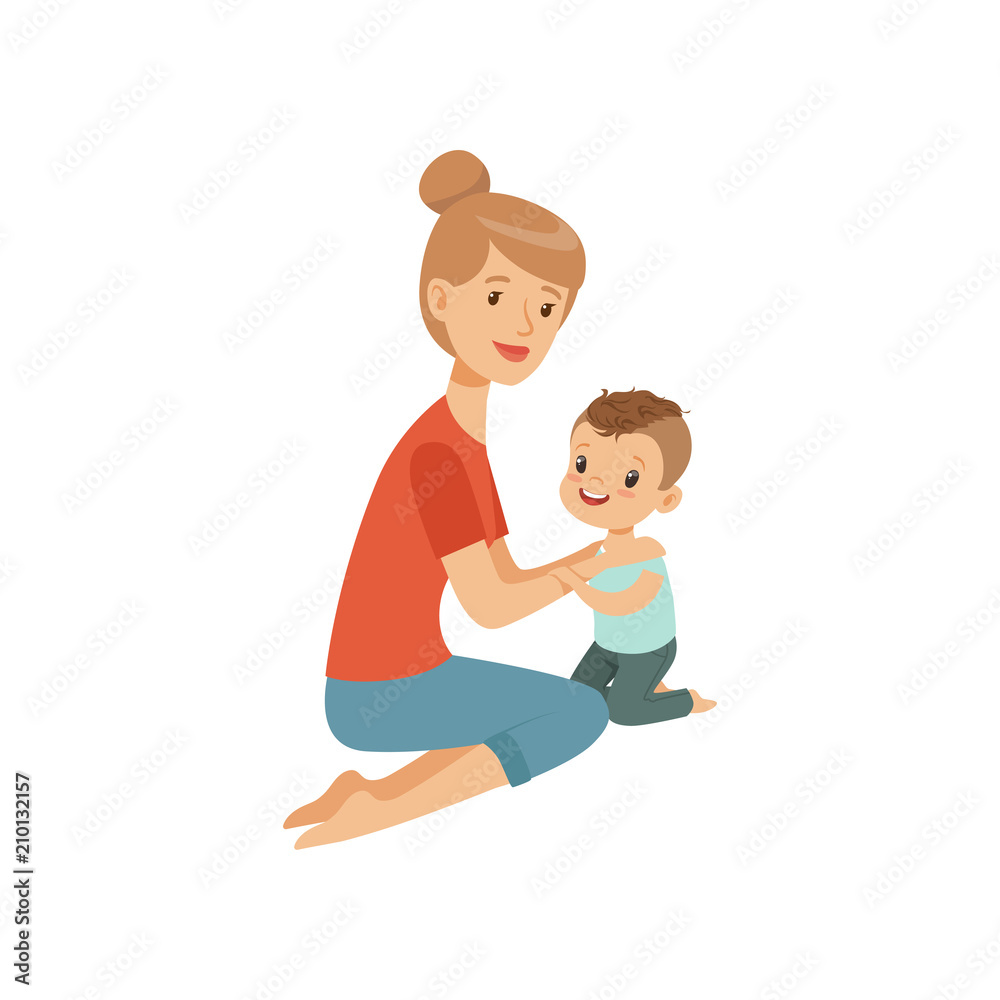 Mom embracing her son, mother hugging her child, happy parenting concept vector Illustration on a white background Mom embracing her son, mother hugging her child, happy parenting concept vector Illustration on a white background