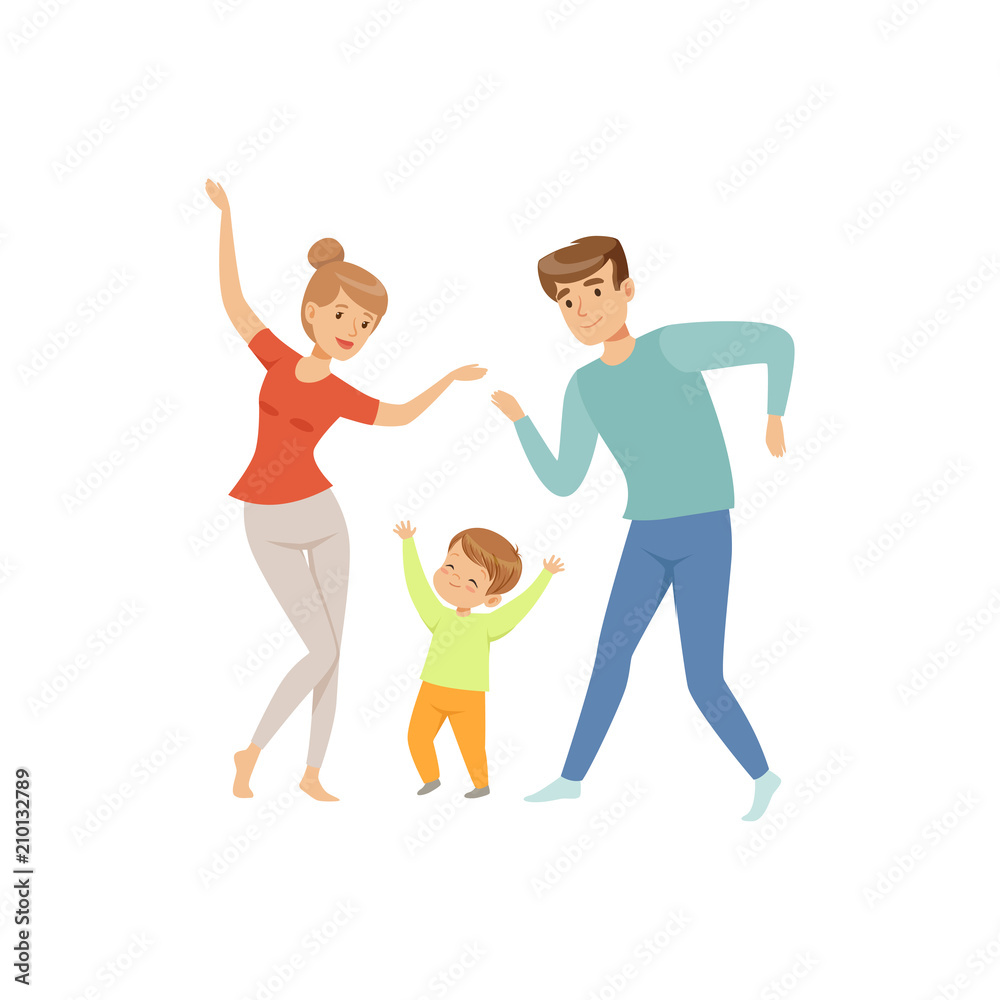 Fototapeta premium Mom and dad dancing with their little son, happy family and parenting concept vector Illustration on a white background