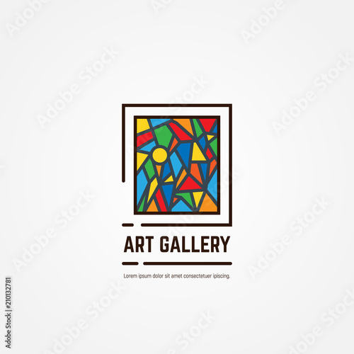Art gallery logo. Color paintings emblem with triangles and lines. Abstract picture. Studio logotype. Museum or art gallery icon line style vector.