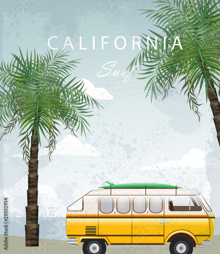 California Summer Travel card with camping car Vector. Camping trailer on pal...