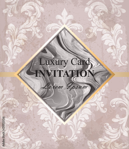 Marble texture and baroque ornament card Vector. Beautiful stone pattern. pas...