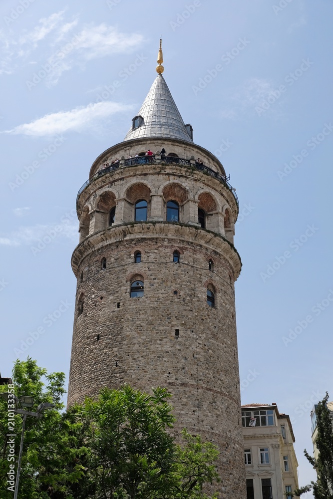 ISTANBUL, TURKEY - MAY 24 : View of the Galata Tower in Istanbul on May 24, 2018. Unidentified people.