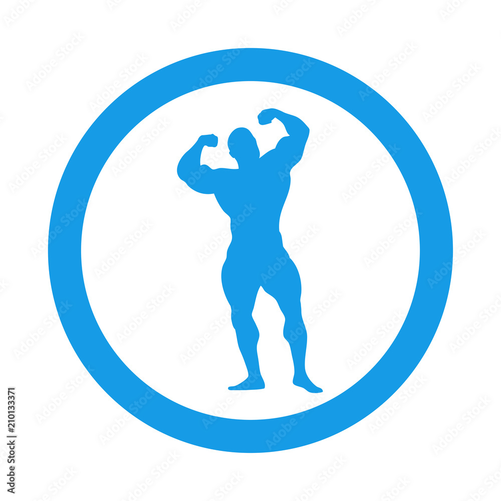 Icono plano silueta culturista en circulo color azul Icono plano silueta culturista en circulo color azul
