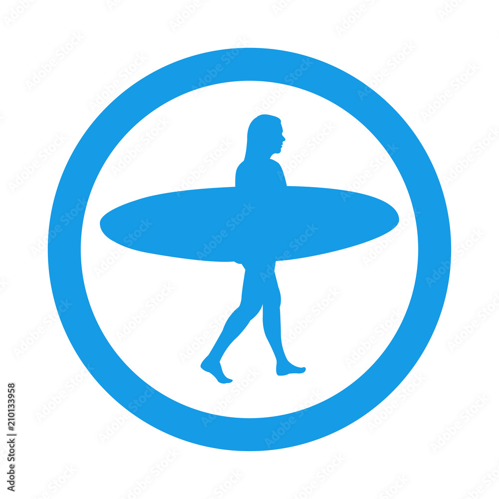 Icono plano mujer con tabla de surf en circulo azul Icono plano mujer con tabla de surf en circulo azul