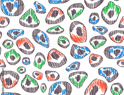 Seamless pattern with red, blue and green animal print spots painted in highlighter felt tip pen on clean white background