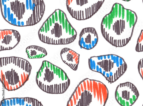 Seamless pattern with big red, green and blue spots imitation of animal print painted in highlighter felt tip pen on clean white background