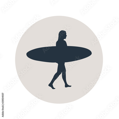 Icono plano mujer con tabla de surf en circulo gris