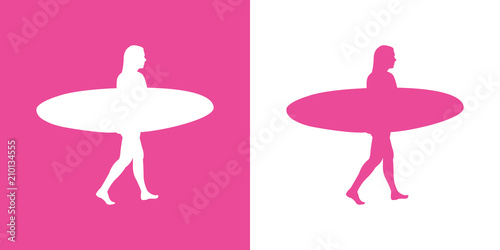 Icono plano mujer con tabla de surf en rosa y blanco