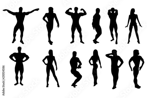 Set of bodybuilders vector silhouettes. Posing men and women. Muscular people