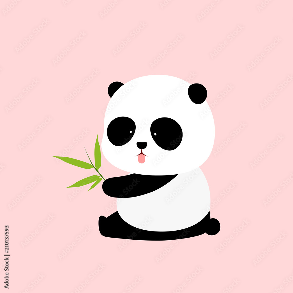 Naklejka Ilustracja wektorowa: Panda gigant kreskówka siedzi na ziemi, wystaje język, z gałęzi bambusa pozostawia w dłoni