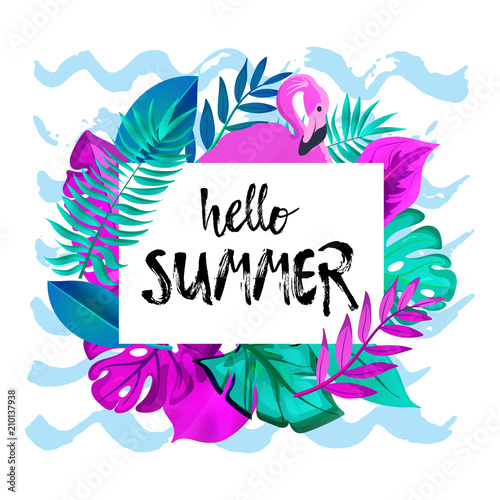 Hello Summer greeting banner. Tropical palm leaves and Pink Flamingo on hand drawn brush background with waves.