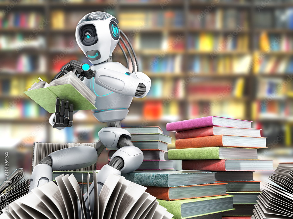 Fototapeta premium modern concept of piece intelligence robot is reading books sitting on a pile of books3d render