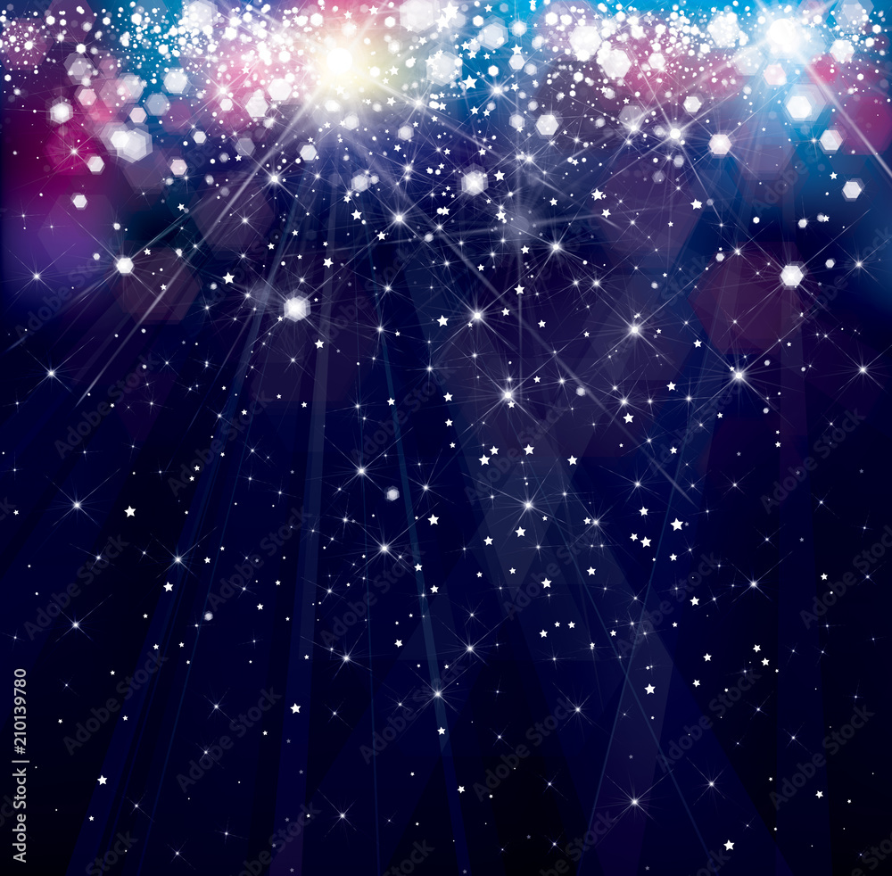 Vector  holiday,blue, sparkle  background with  lights and stars.