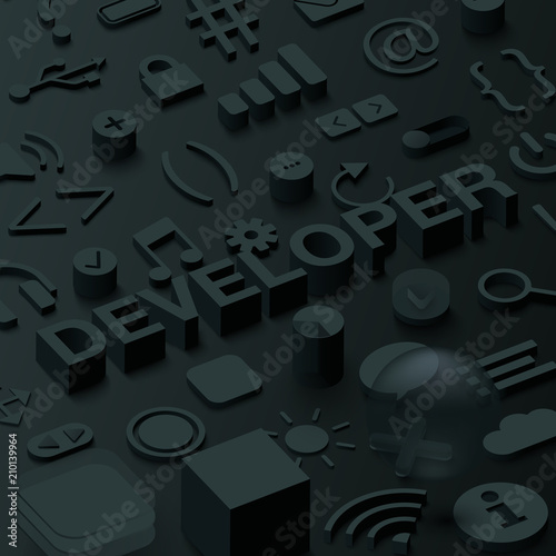 Black 3d developer background with web symbols.