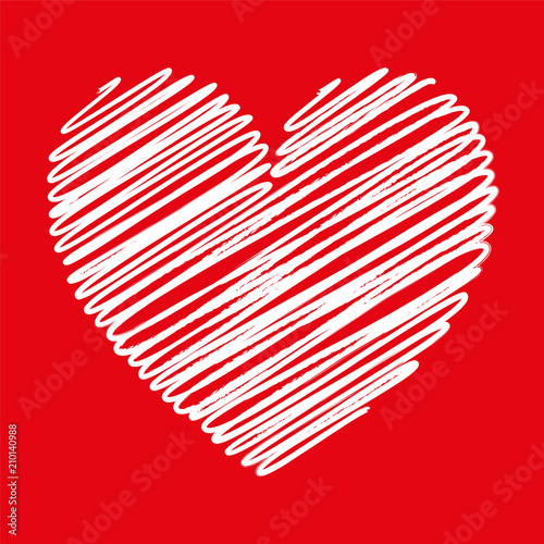 Heart white scribble with lines texture on red background. Element for your Valentine’s Day Design