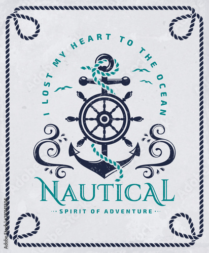 Nautical poster with anchor, steering wheel and rope frame.