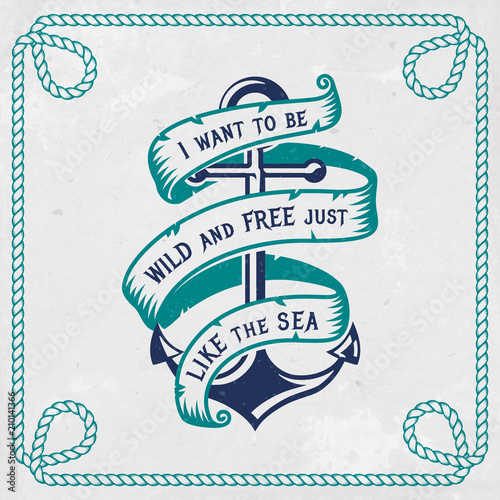 Sea emblem with anchor and ribbon. Vector illustration.