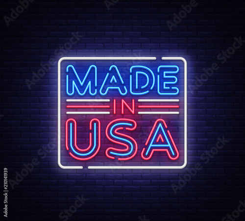 Made in USA neon vector sign. Made in USA symbol banner light, bright night Illustration. Vector illustration
