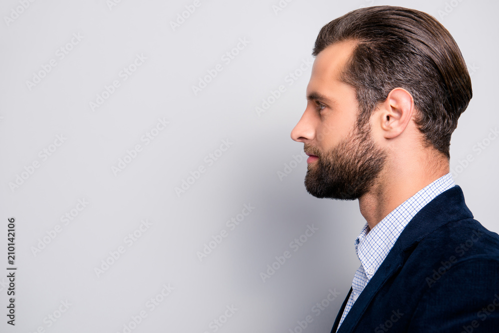Profile side view half-faced portrait of attractive groomed elegant dreamy successful stunning chic freelancer, dark blue velvet blazer checkered shirt, isolated on gray background copy-space Profile side view half-faced portrait of attractive groomed elegant dreamy successful stunning chic freelancer, dark blue velvet blazer checkered shirt, isolated on gray background copy-space