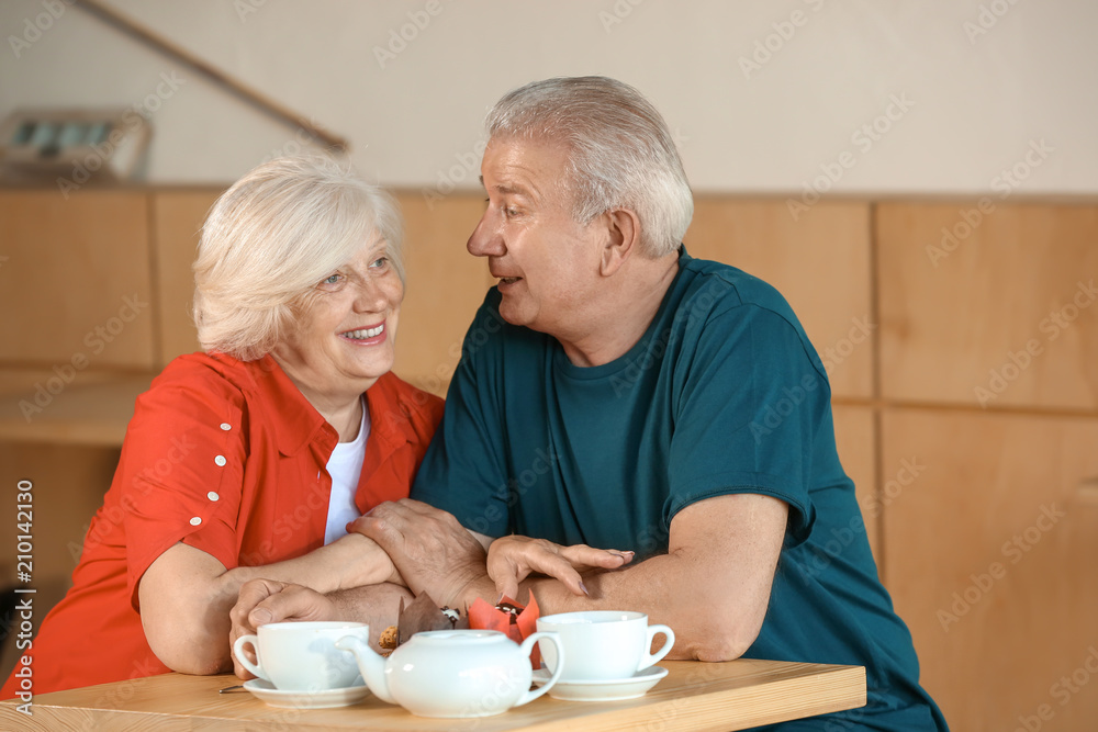 Happy senior couple sitting together in cafe