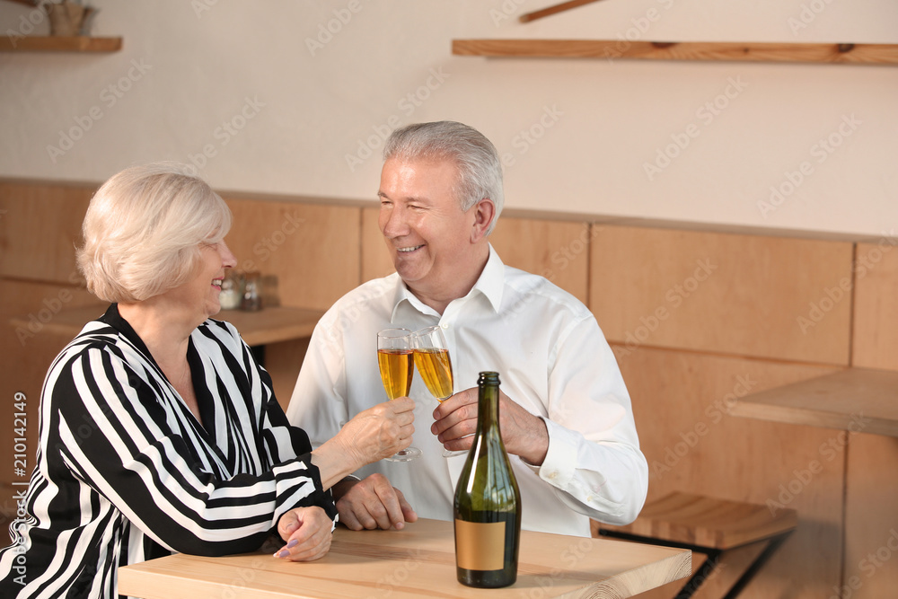 Happy senior couple drinking champagne in cafe