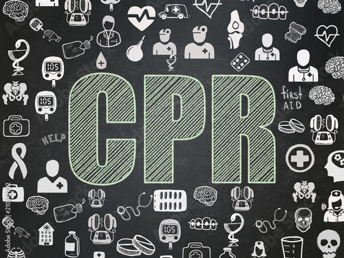 Health concept: Chalk Green text CPR on School board background with Hand Drawn Medicine Icons, School Board