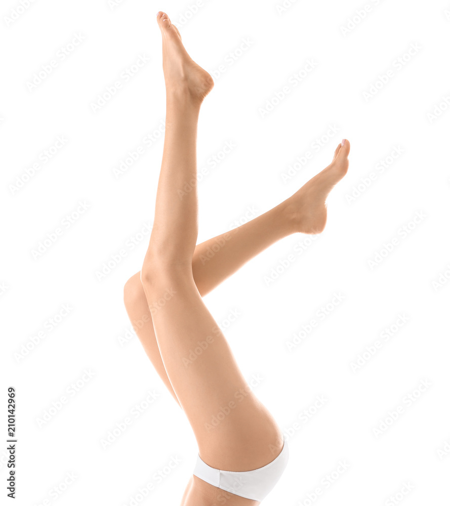Young woman with silky skin after epilation on white background Young woman with silky skin after epilation on white background