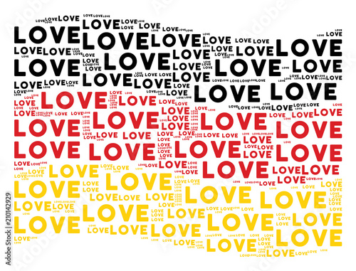 Waving German official flag. Vector Love text elements are scattered into mosaic German flag illustration. Patriotic composition done of flat Love text elements.