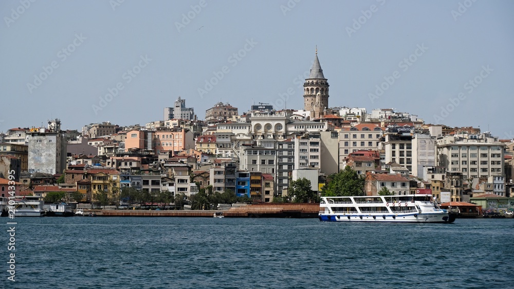 ISTANBUL, TURKEY - MAY 24 : View of boats and buildings along the Bosphorus in Istanbul Turkey on May 24, 2018. Unidentified people