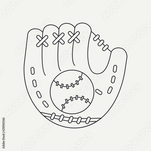Line vector icon leather baseball glove and ball. Sport equipment, success symbol. Athletic competition activity. Pitcher, catcher. American game. Retro style illustration element for design wallpaper