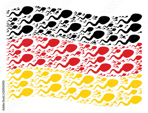 Waving Germany state flag. Vector spermatozoon elements are grouped into geometric German flag abstraction. Patriotic illustration organized of flat spermatozoon pictograms.