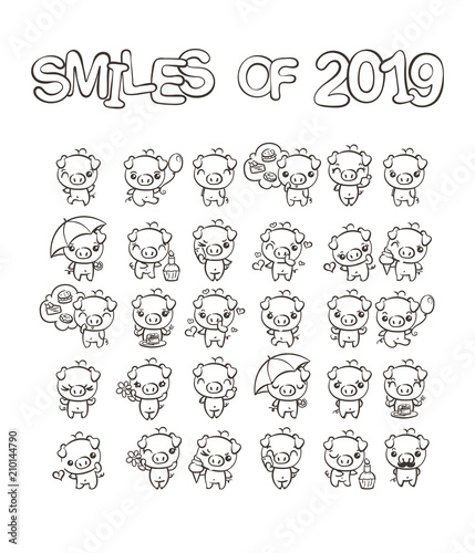 Collection of cutest pig character icon set with different emotions. Vector illustration for new 2019 year.