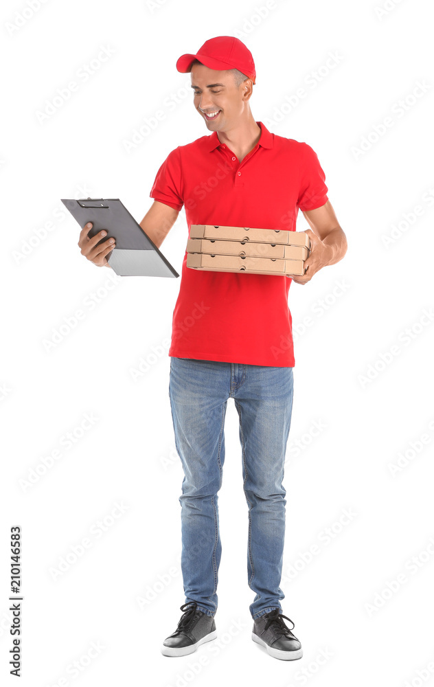Young man with pizza boxes and clipboard on white background. Food delivery service Young man with pizza boxes and clipboard on white background. Food delivery service