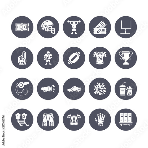 American football, rugby vector flat glyph icons. Sport game elements - ball, field, player, helmet, fan finger snacks. Signs set, championship pictogram. Solid silhouette pixel perfect 64x64.
