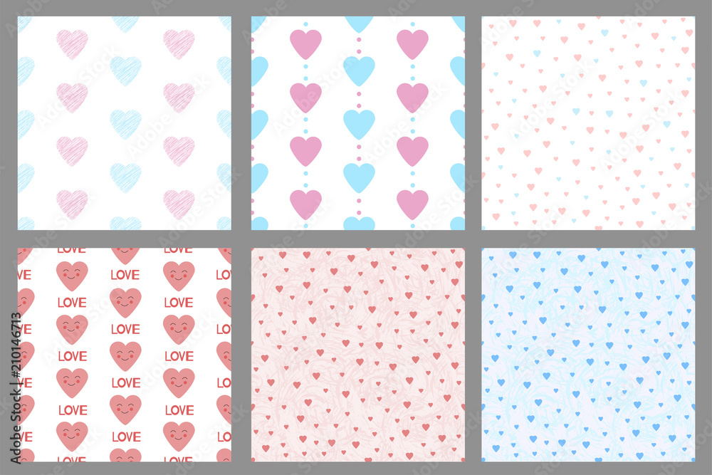 Set of the seamless patterns with hearts.