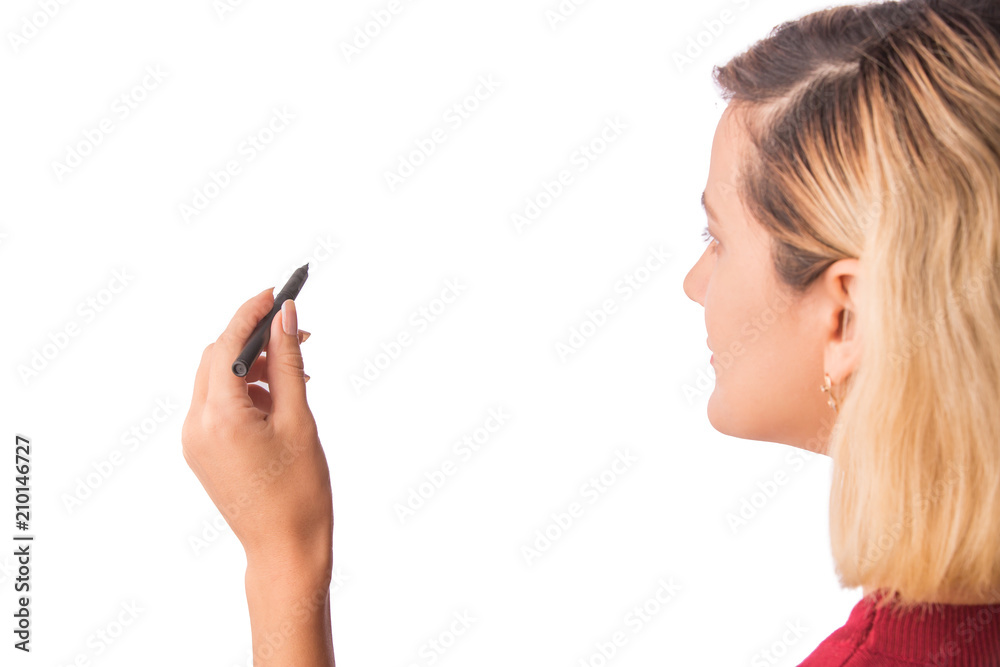 Beautiful woman drawing on a white board, with copy space isolated on white Beautiful woman drawing on a white board, with copy space isolated on white