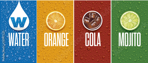 Drinks and juice background with drops and orange and lime slice