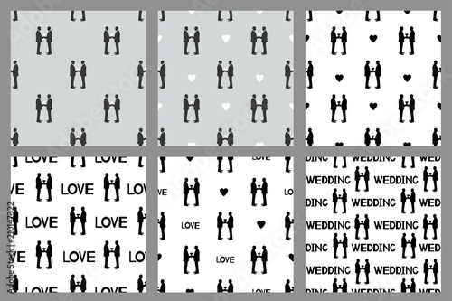 Wedding set. Seamless patterns with silhouettes of the grooms. Same-sex marriage.