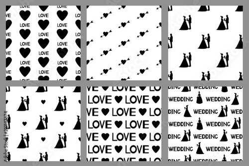 Wedding set. Seamless patterns with silhouettes of the bride and groom, hearts.